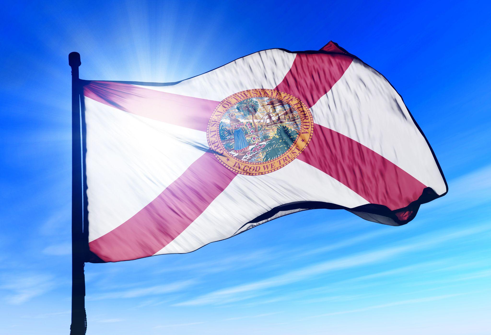 Florida (U.S. state) flag waving against clear blue sky